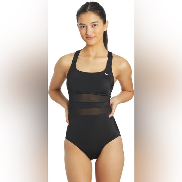 Nike Mesh Solid Edge V-Back One Piece Swimsuit, Black, Medium - NWT - Picture 4 of 6